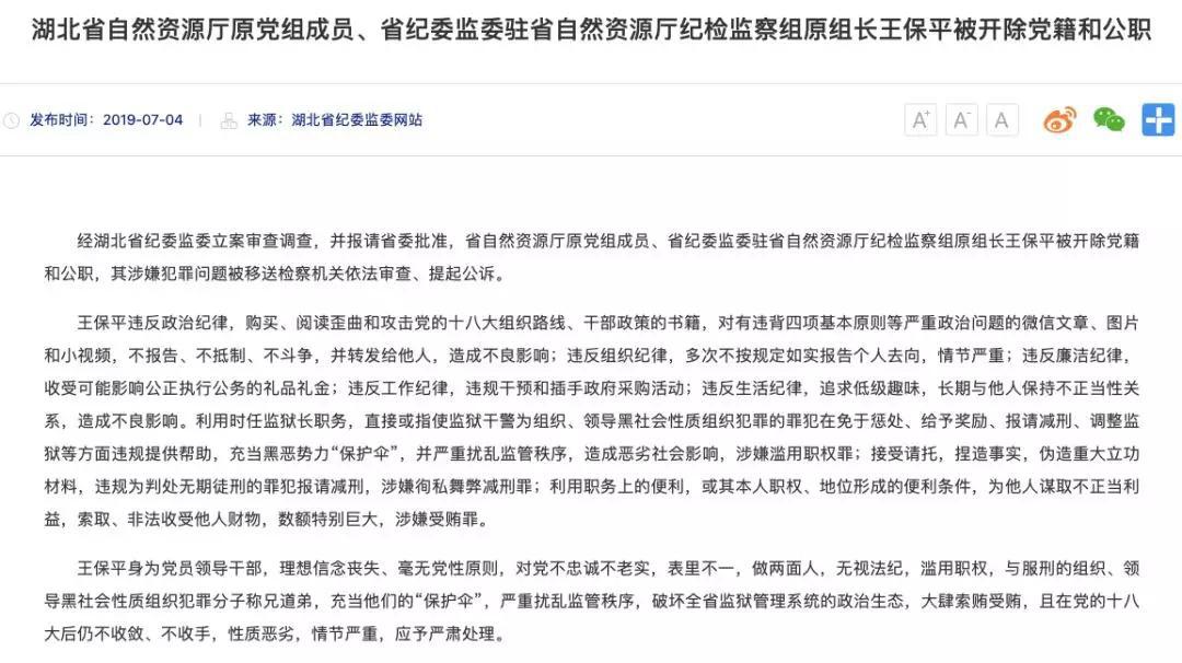 落马整整6个月后,湖北“保护伞”王保平被双开