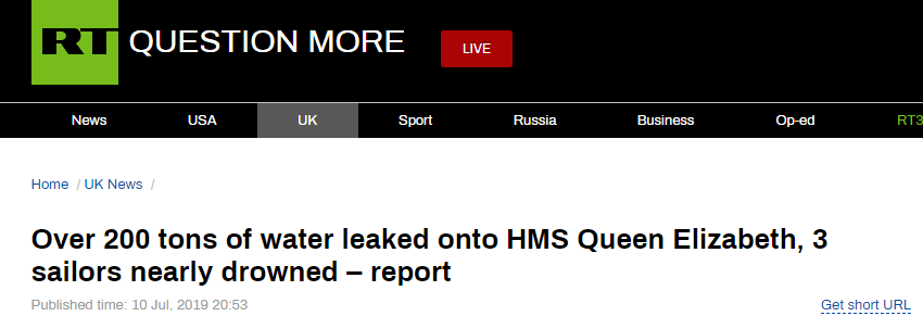 “伊丽莎白女王”号航母:螺旋桨传动轴的密封出现问题